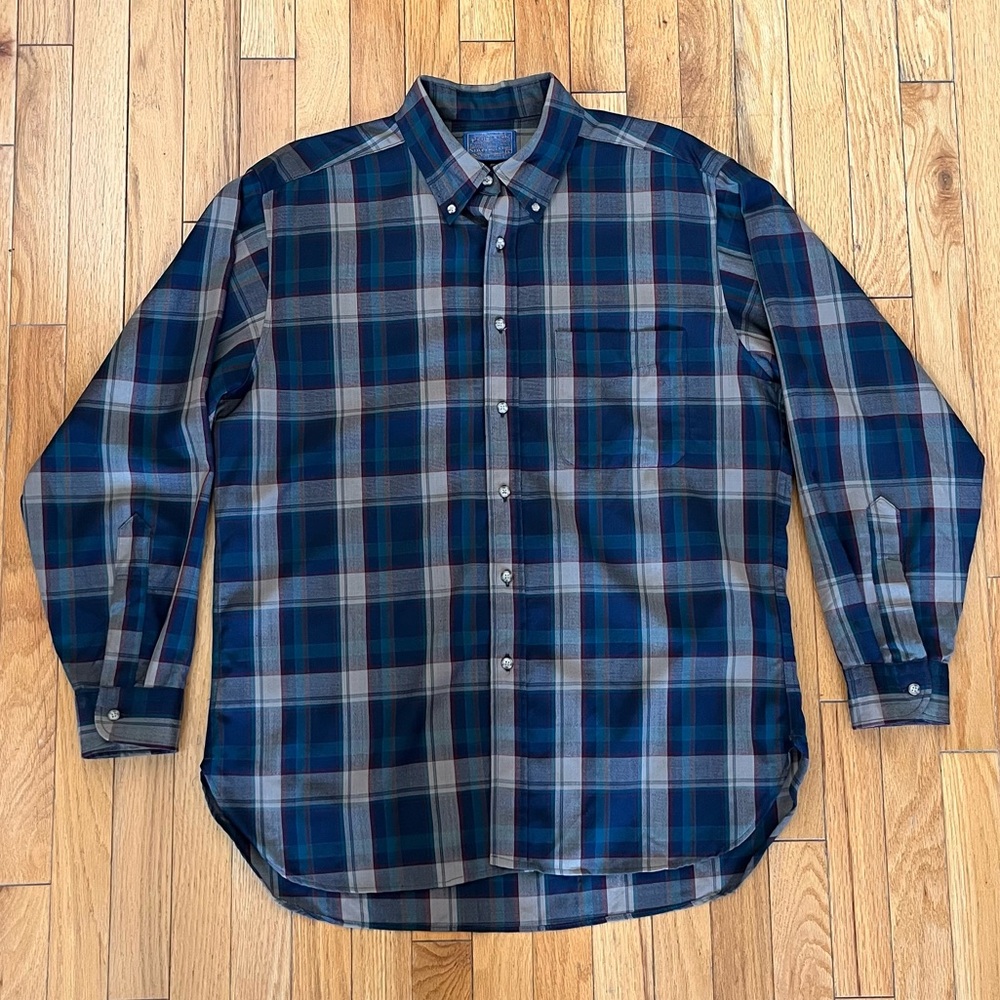 VTG Sir Pendleton Blue Cream Red Plaid Button Shirt 100% Wool Button Collar 80s